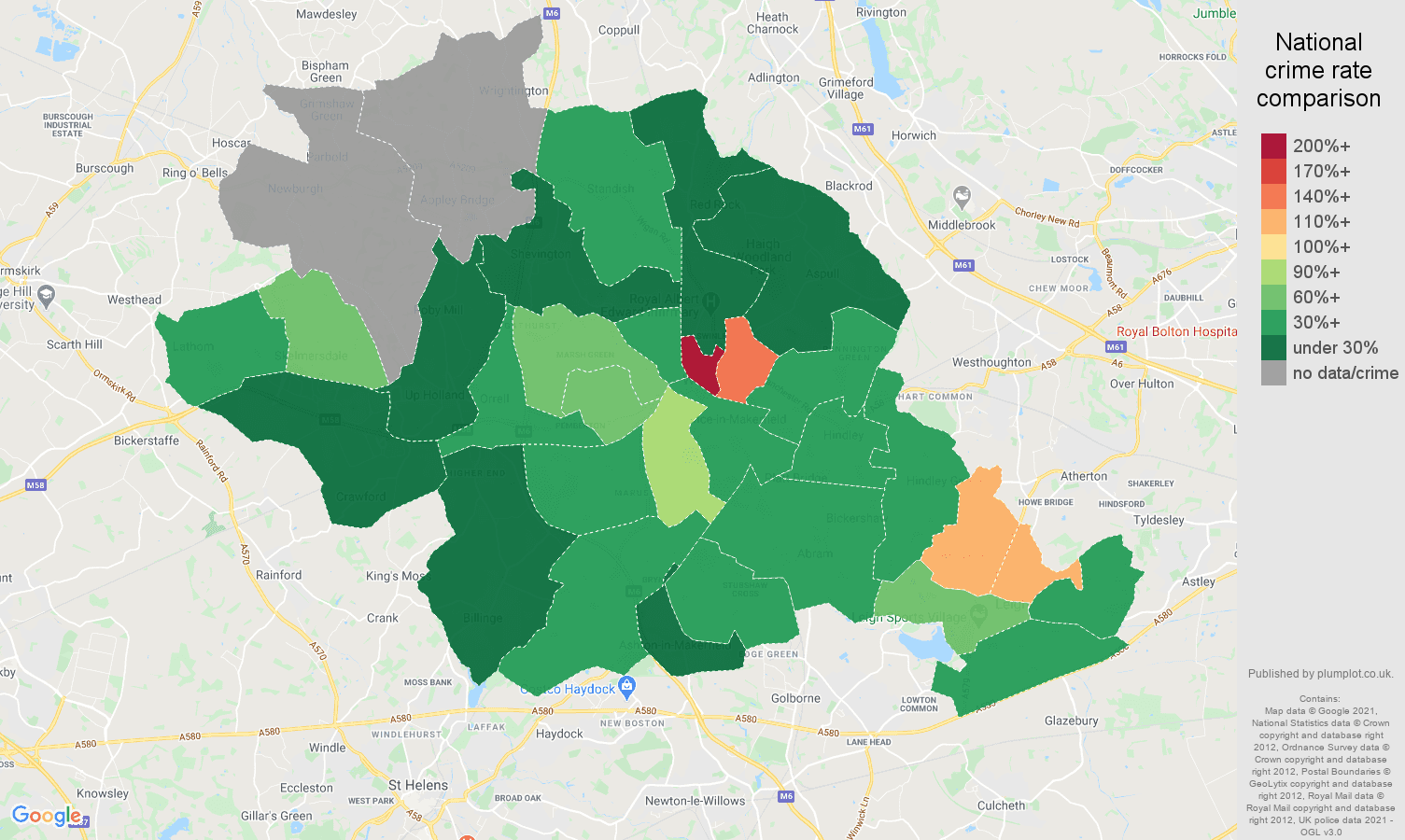 Wigan bicycle theft crime rate comparison map