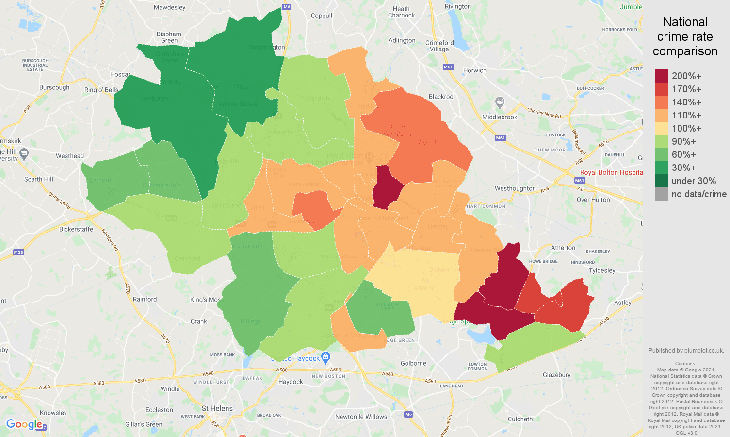 Wigan burglary crime rate comparison map