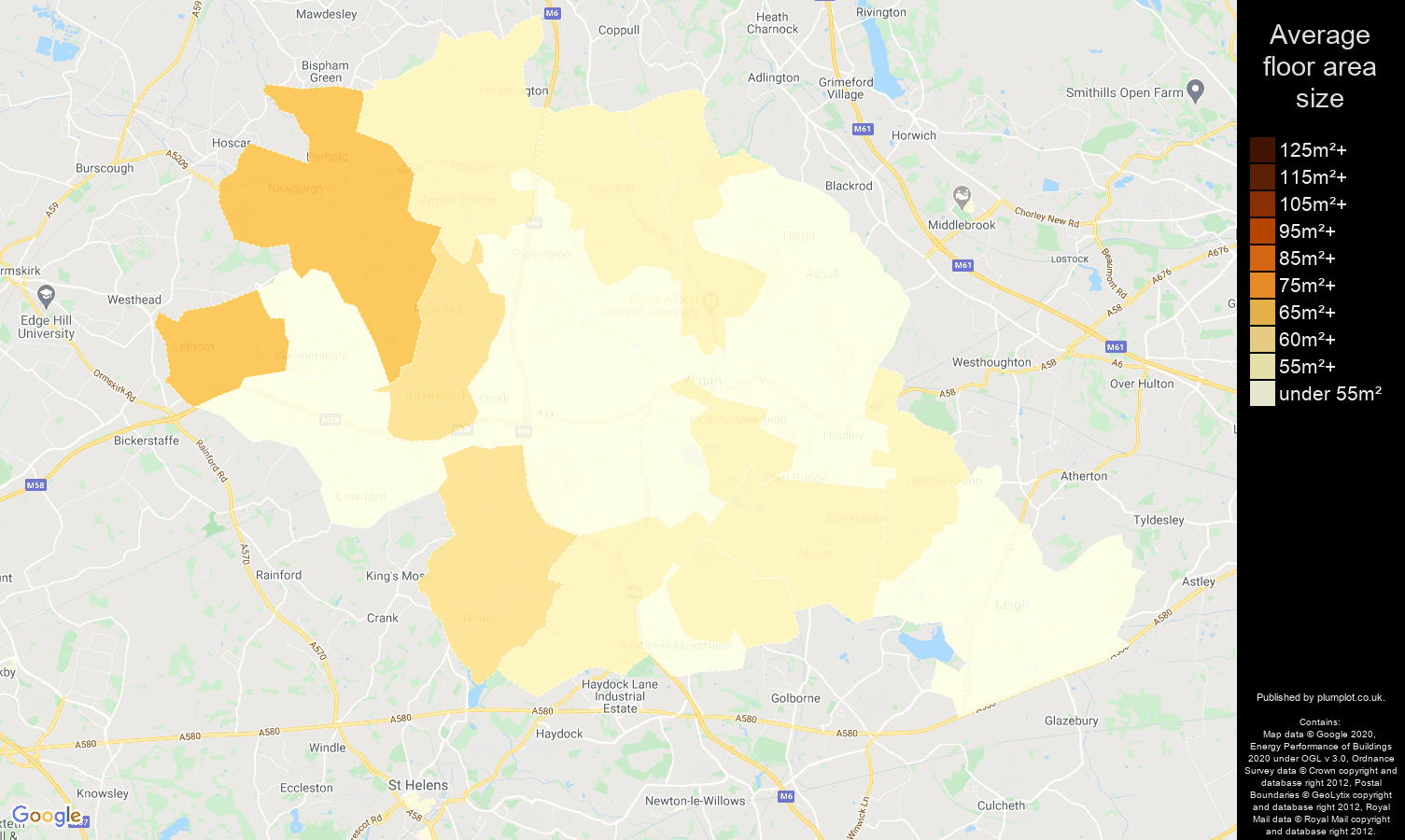Wigan map of average floor area size of flats