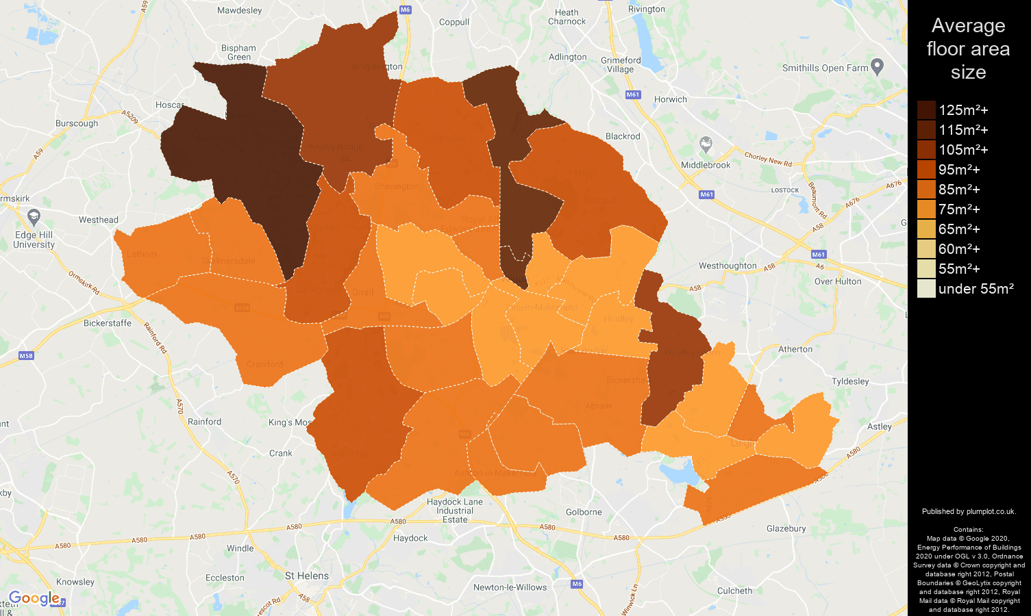 Wigan map of average floor area size of houses