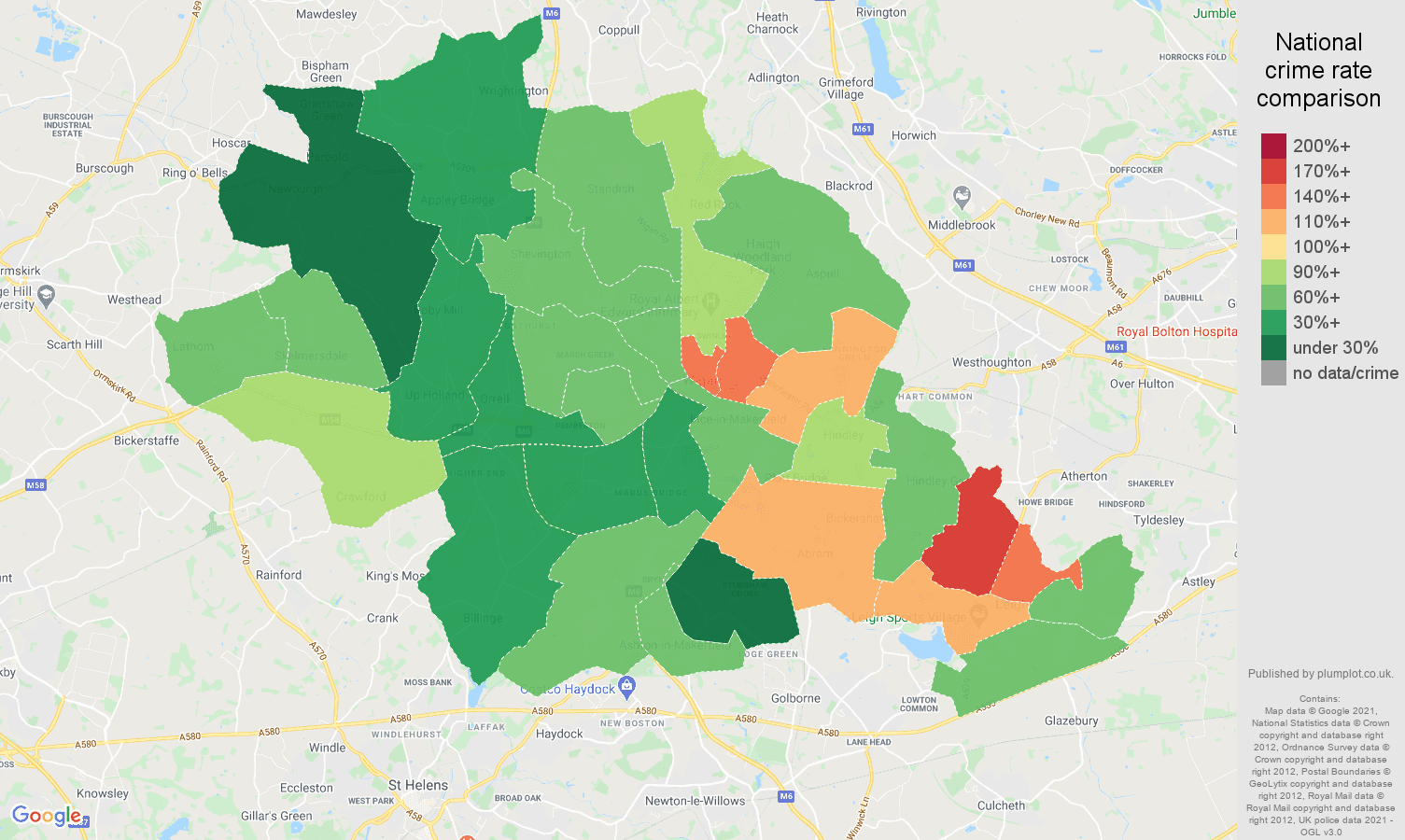 Wigan other theft crime rate comparison map