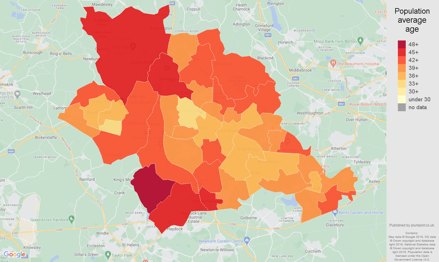 Wigan population average age map