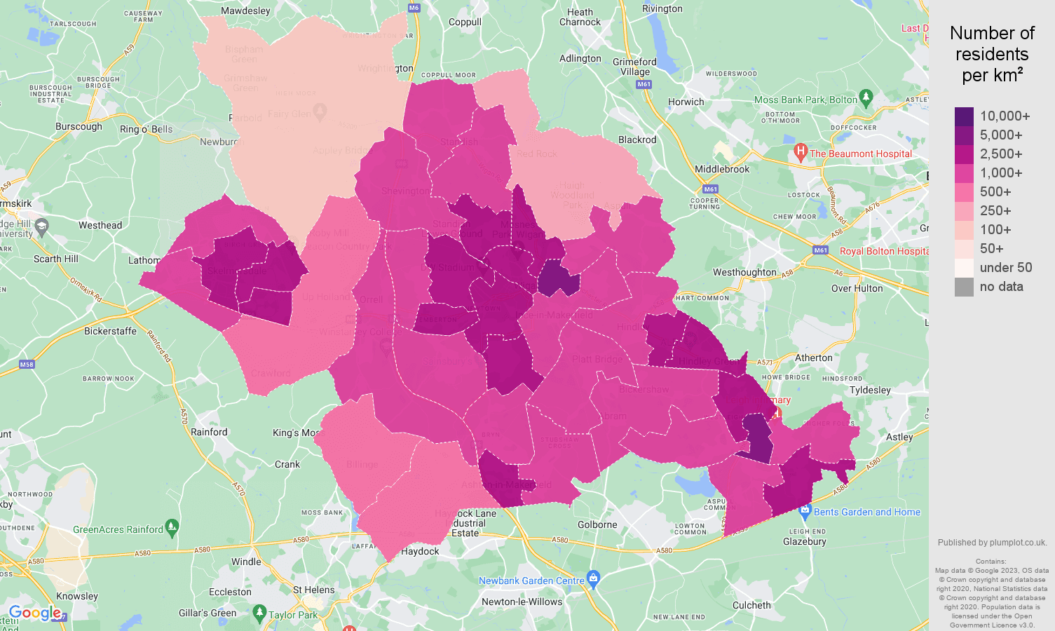 Wigan population density map