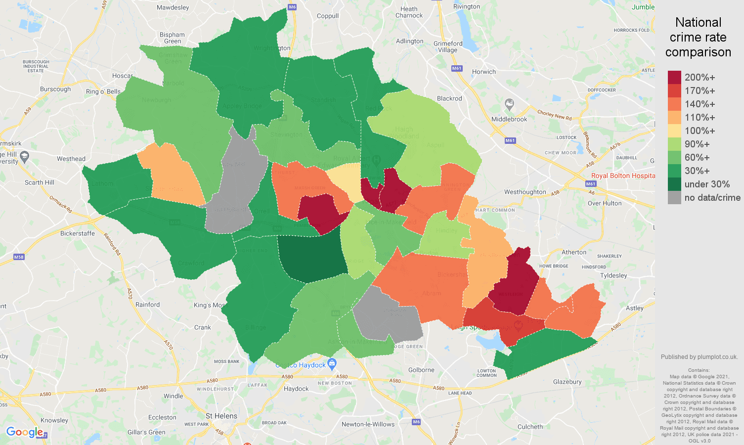 Wigan possession of weapons crime rate comparison map