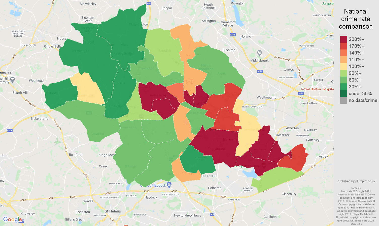 Wigan public order crime rate comparison map
