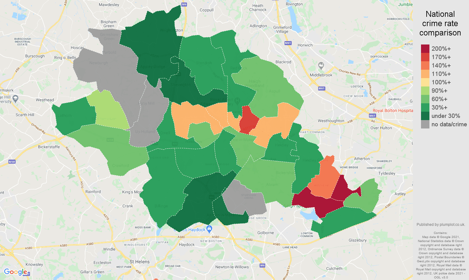 Wigan robbery crime rate comparison map