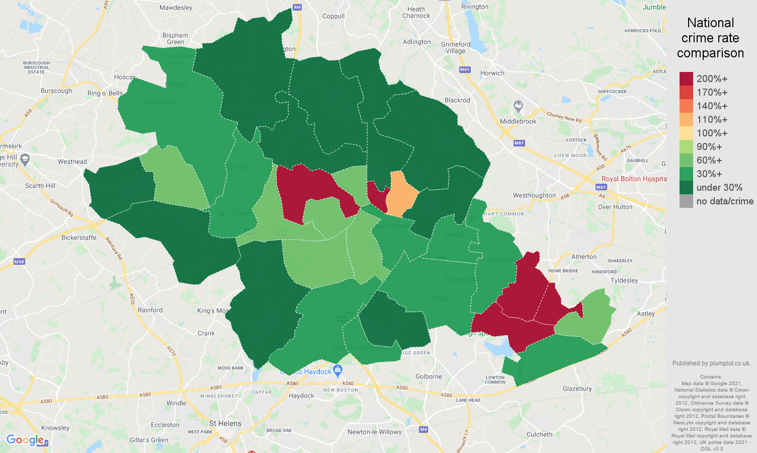 Wigan shoplifting crime rate comparison map