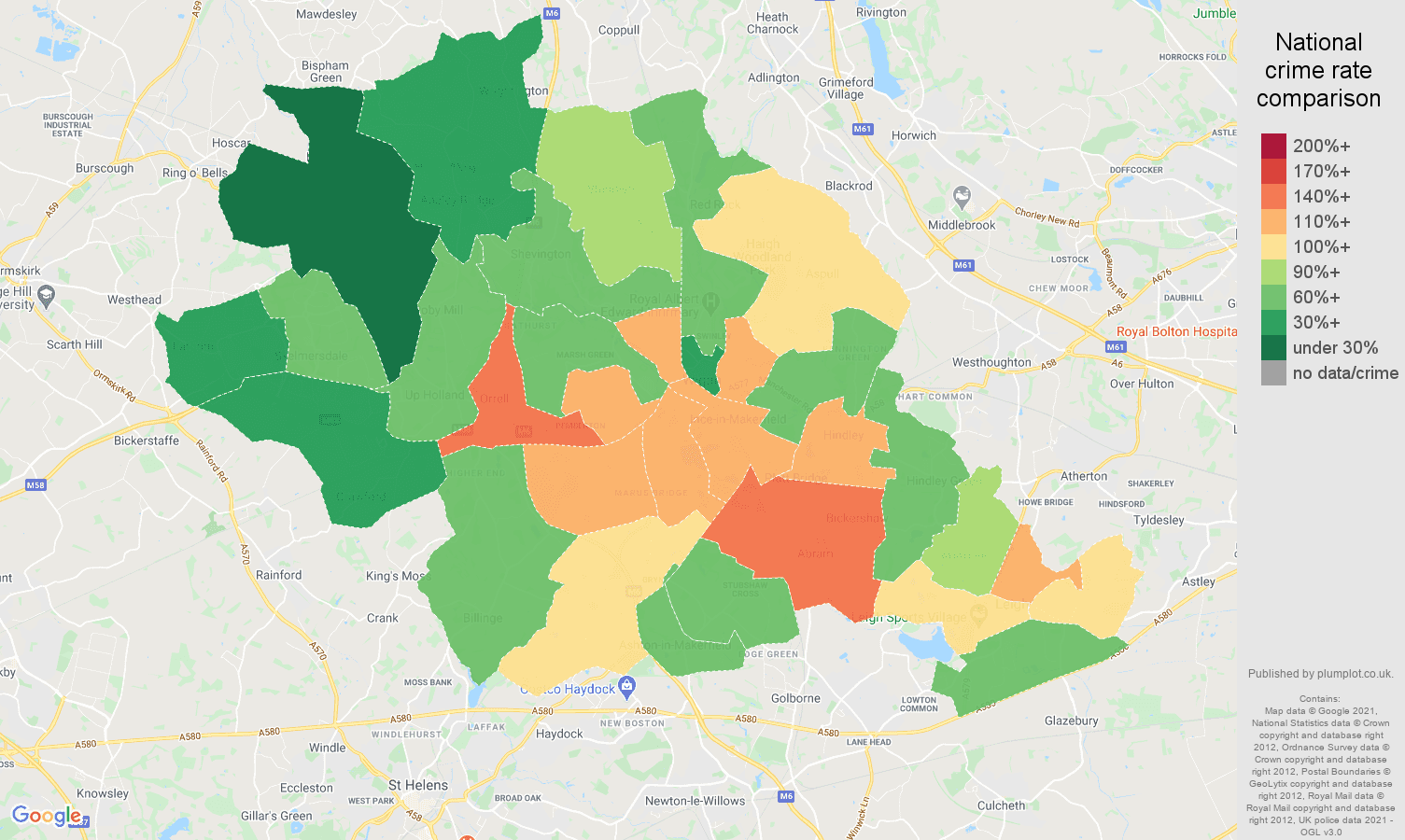 Wigan vehicle crime rate comparison map
