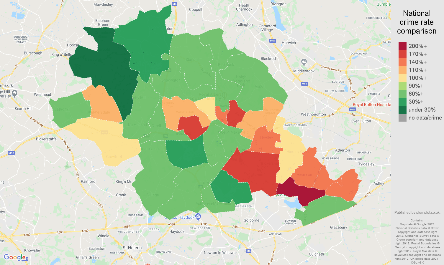 Wigan violent crime rate comparison map