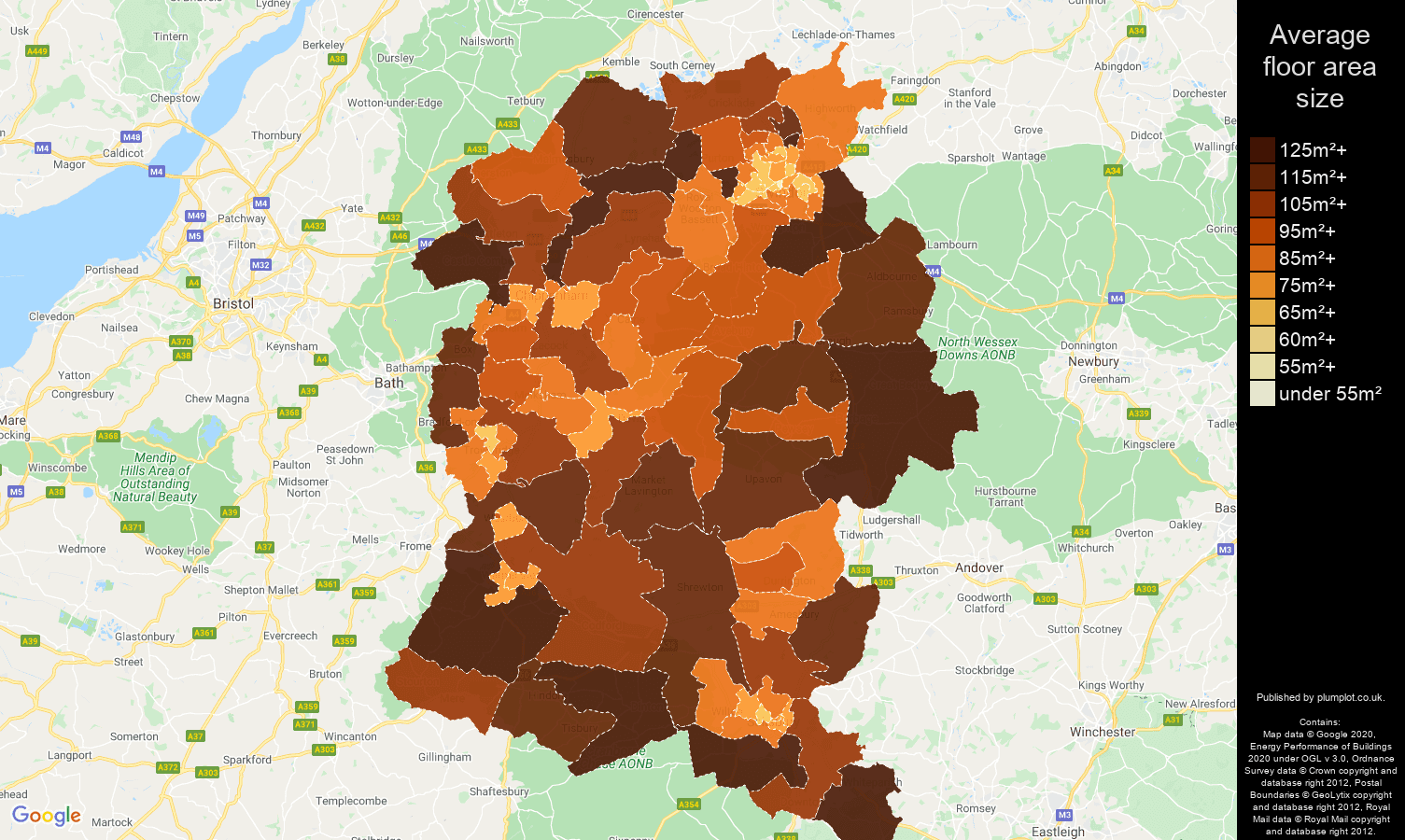 Wiltshire map of average floor area size of properties