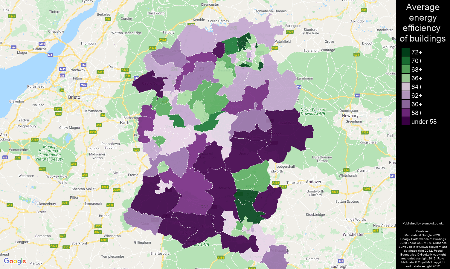 Wiltshire map of energy efficiency of properties