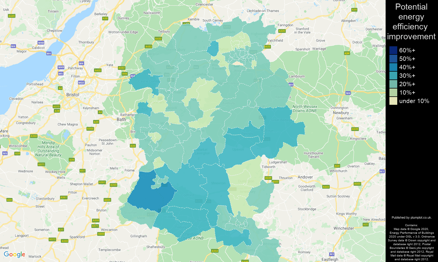 Wiltshire map of potential energy efficiency improvement of houses