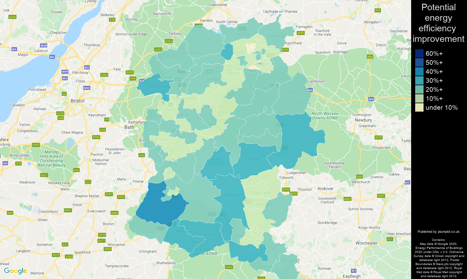 Wiltshire map of potential energy efficiency improvement of properties