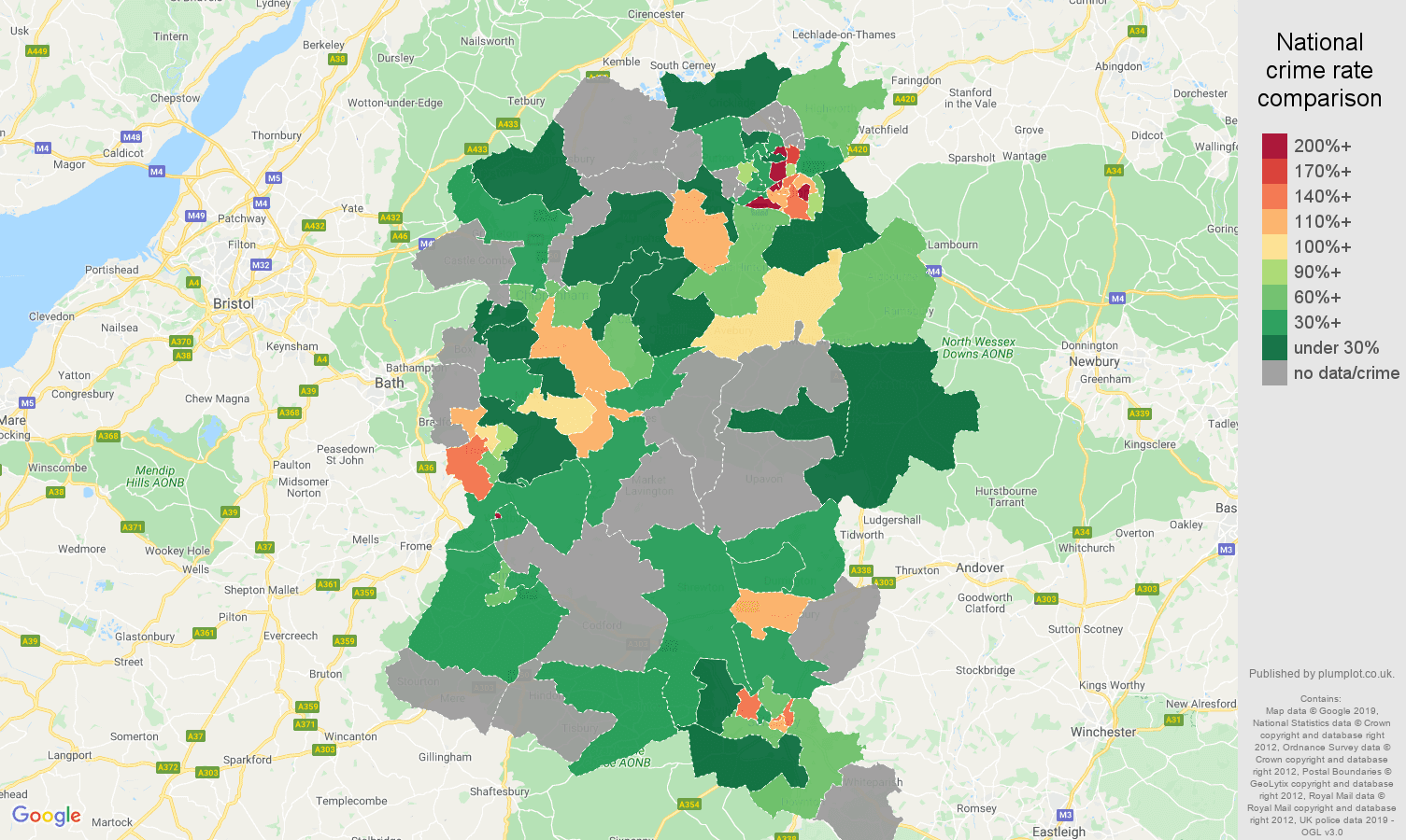 Wiltshire possession of weapons crime rate comparison map