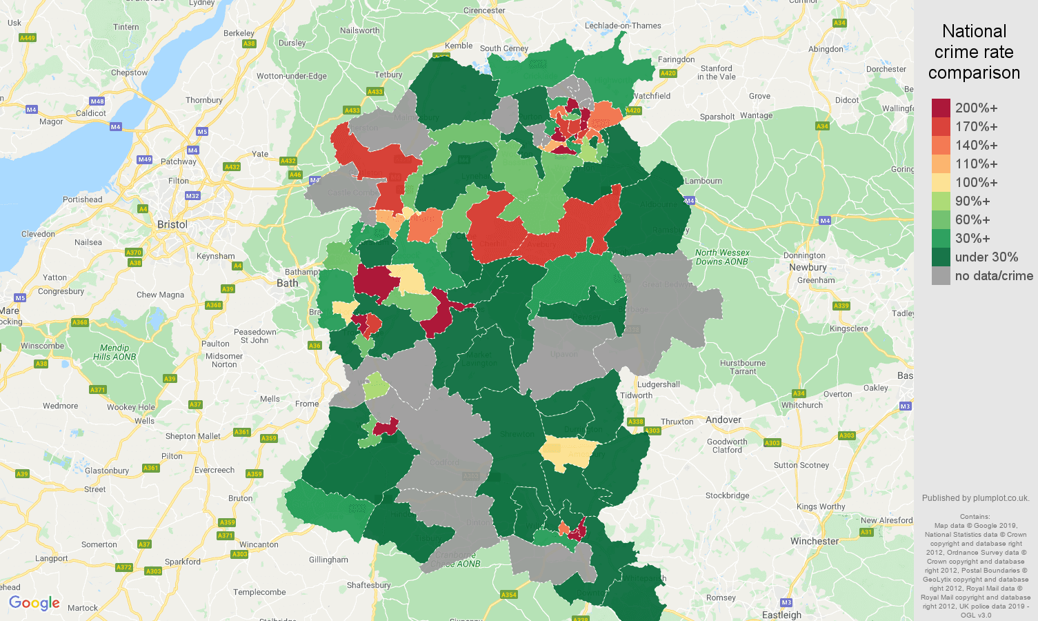 Wiltshire shoplifting crime rate comparison map
