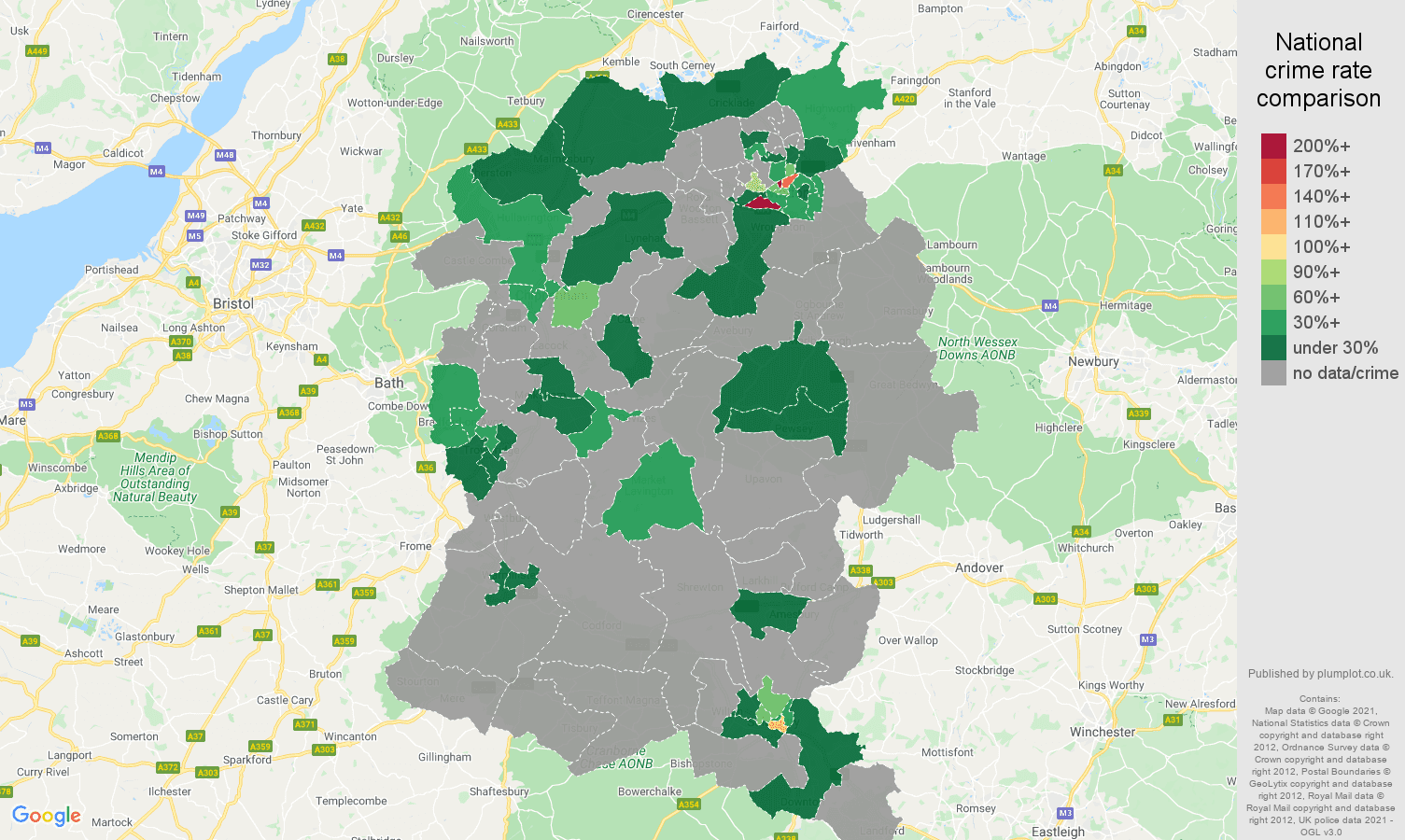 Wiltshire theft from the person crime rate comparison map
