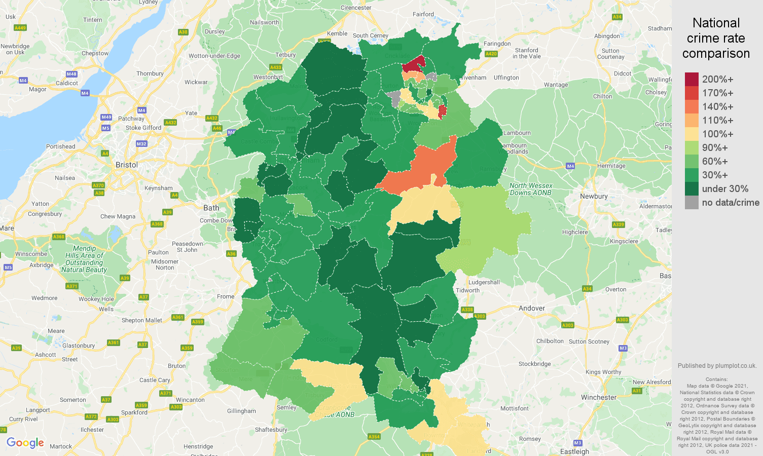 Wiltshire vehicle crime rate comparison map