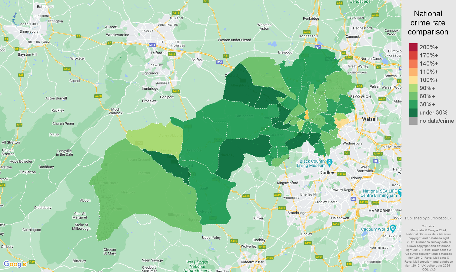 Wolverhampton antisocial behaviour crime rate comparison map