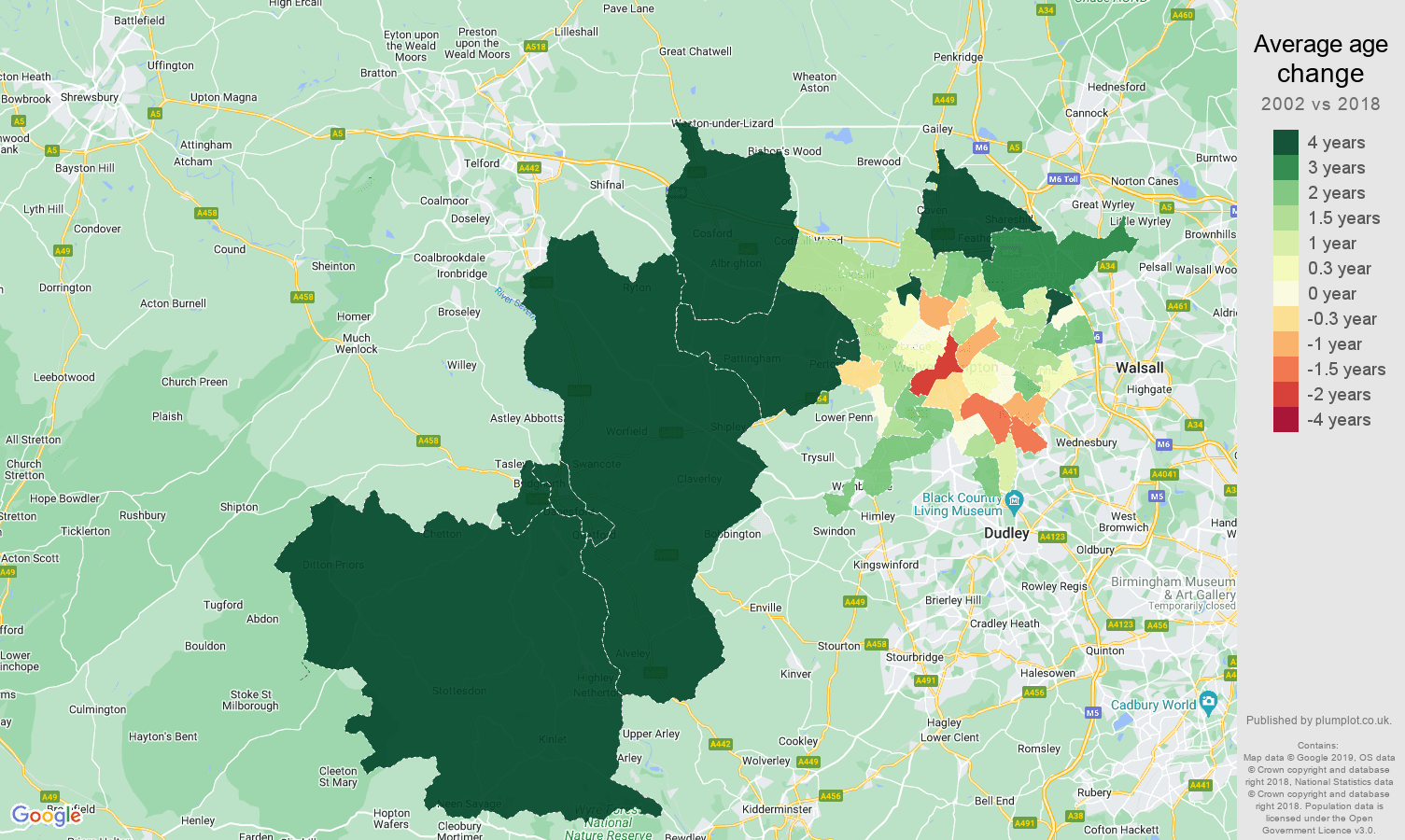 Wolverhampton average age change map