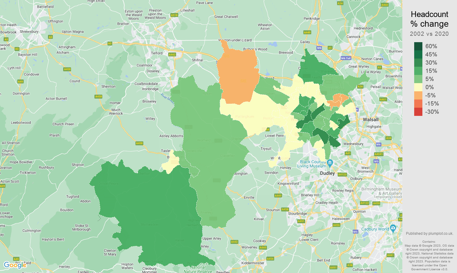 Wolverhampton headcount change map