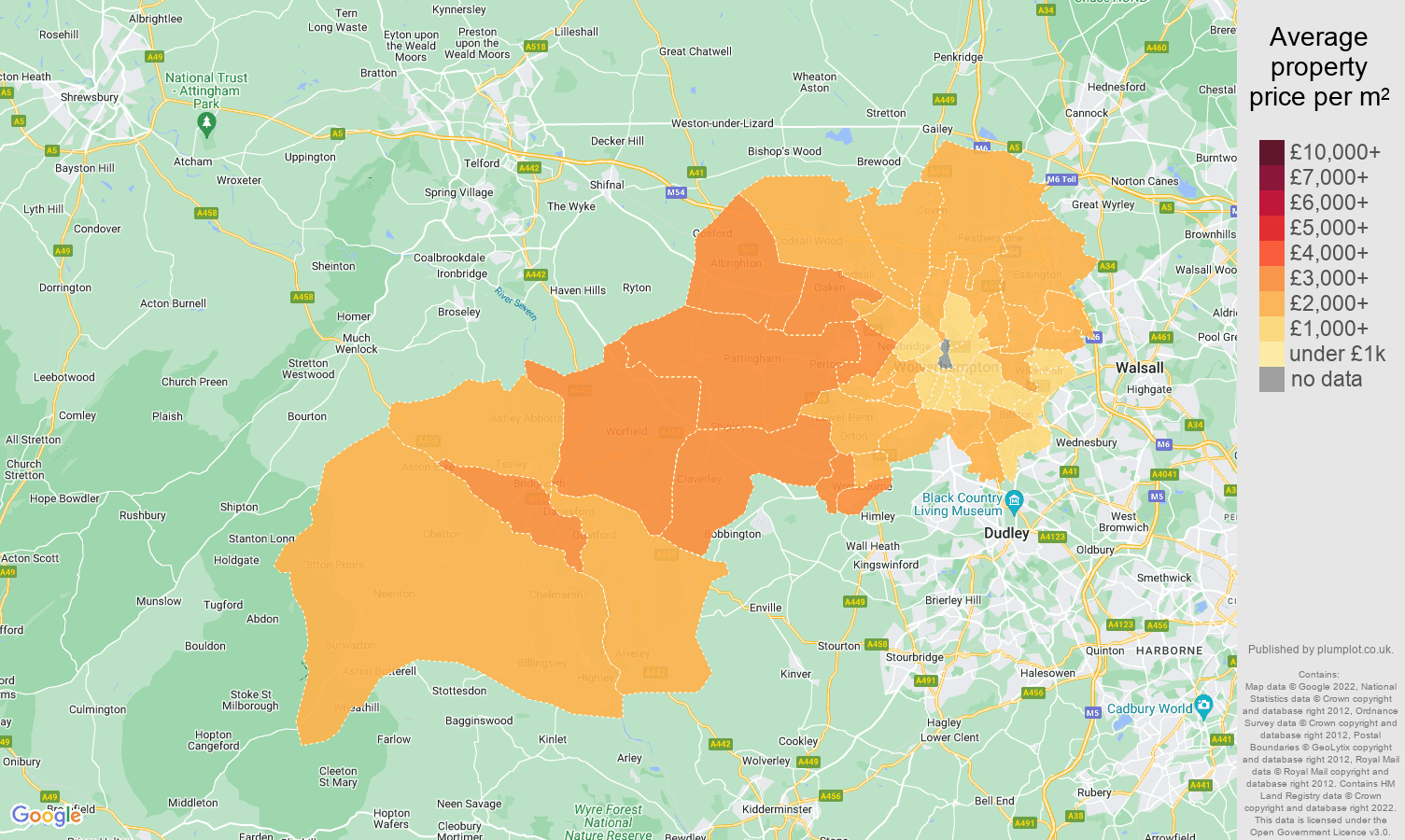Wolverhampton house prices per square metre map
