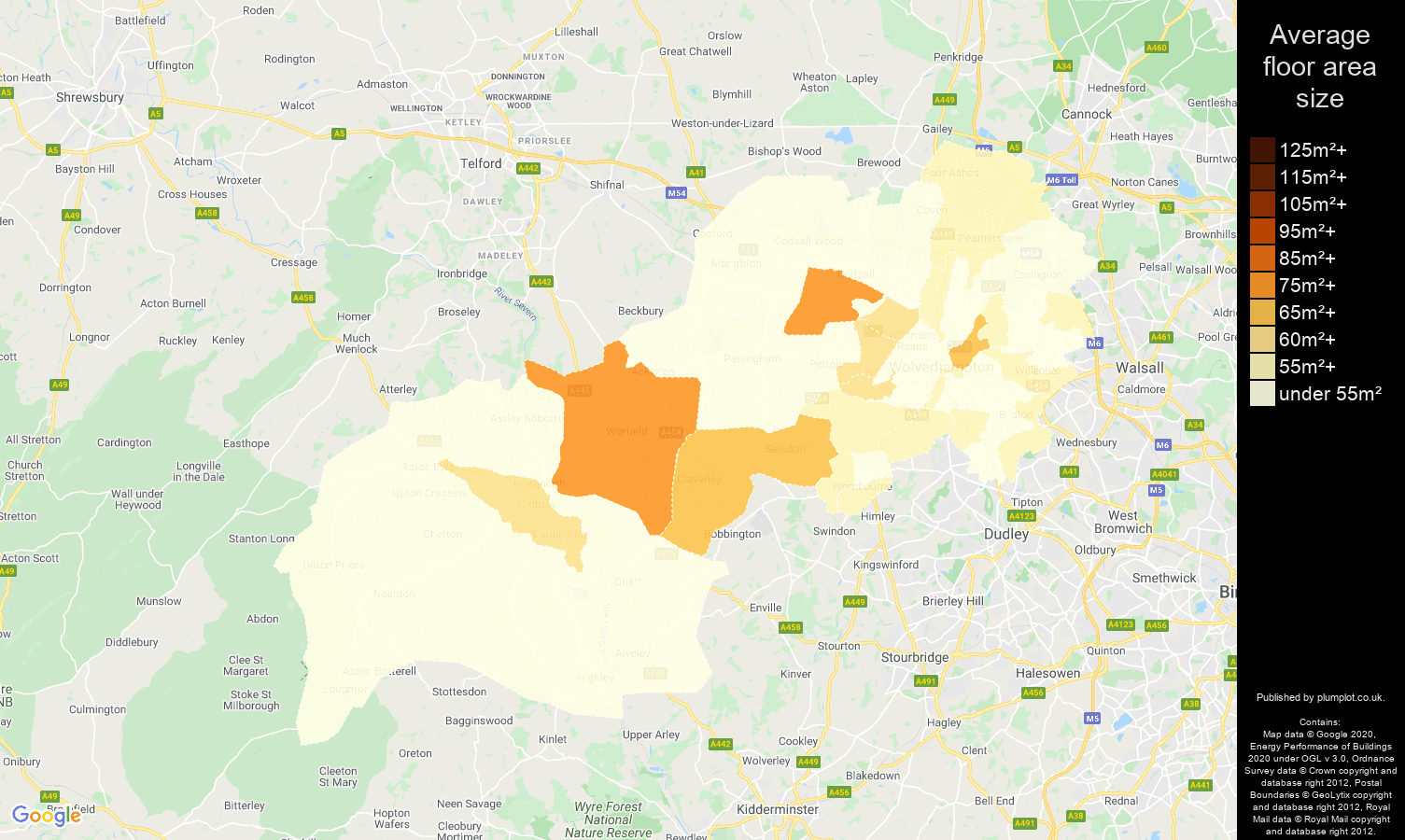 Wolverhampton map of average floor area size of flats