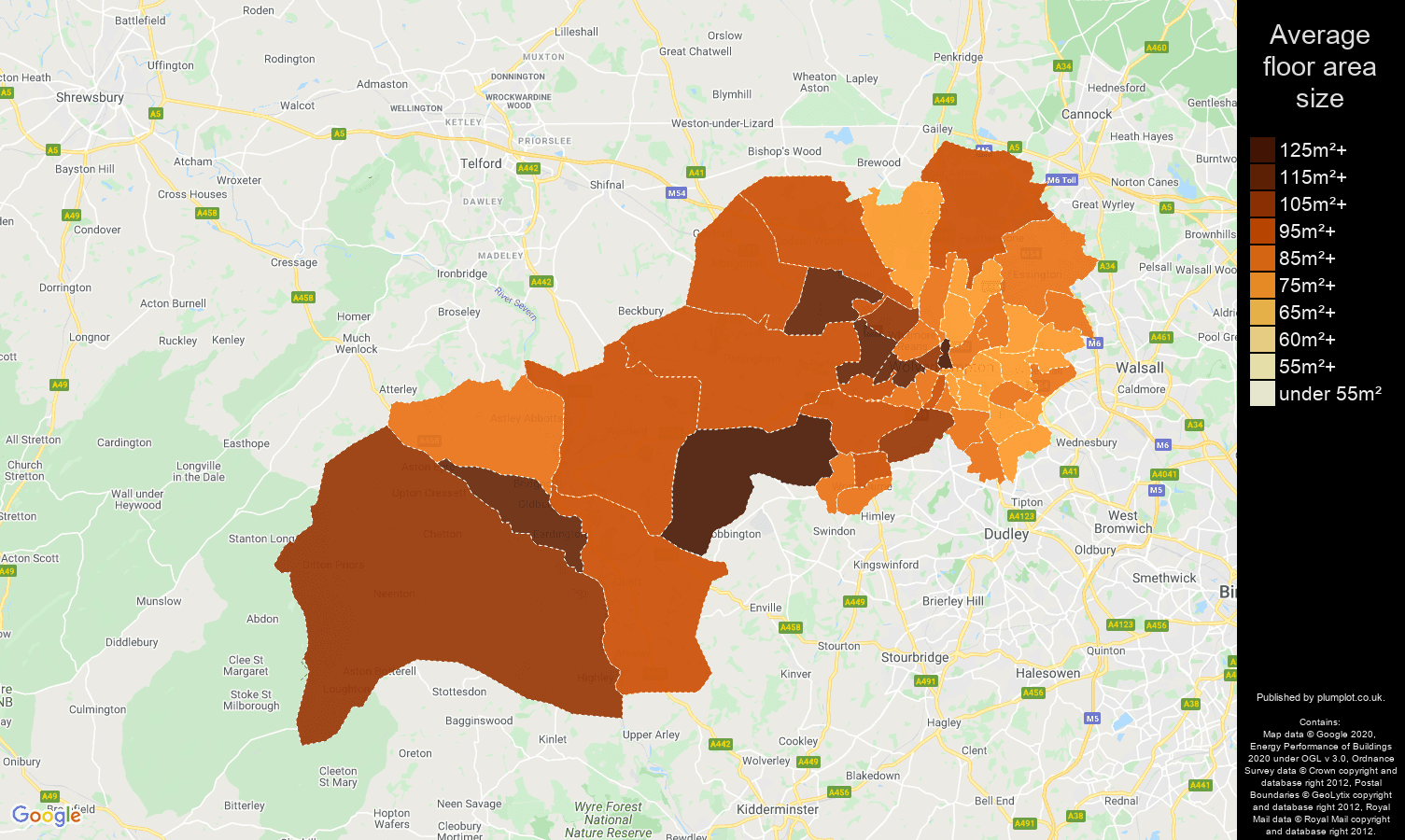 Wolverhampton map of average floor area size of houses