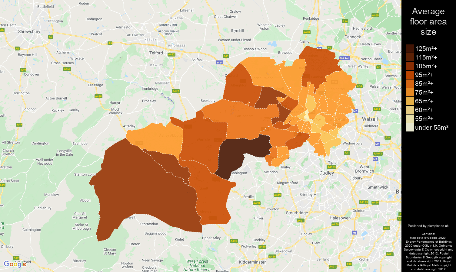 Wolverhampton map of average floor area size of properties