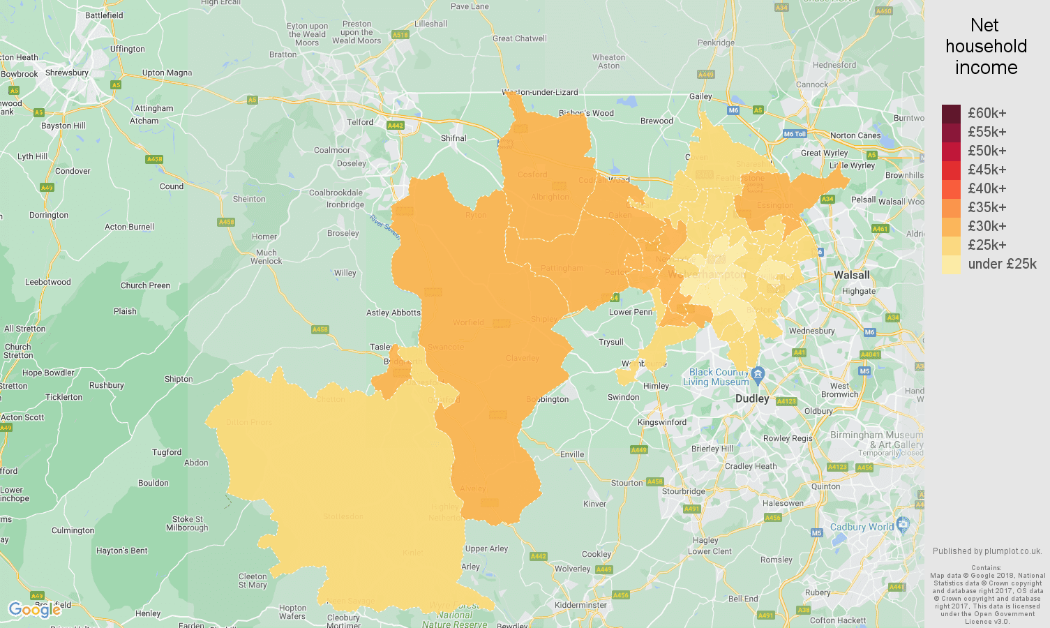 Wolverhampton net household income map