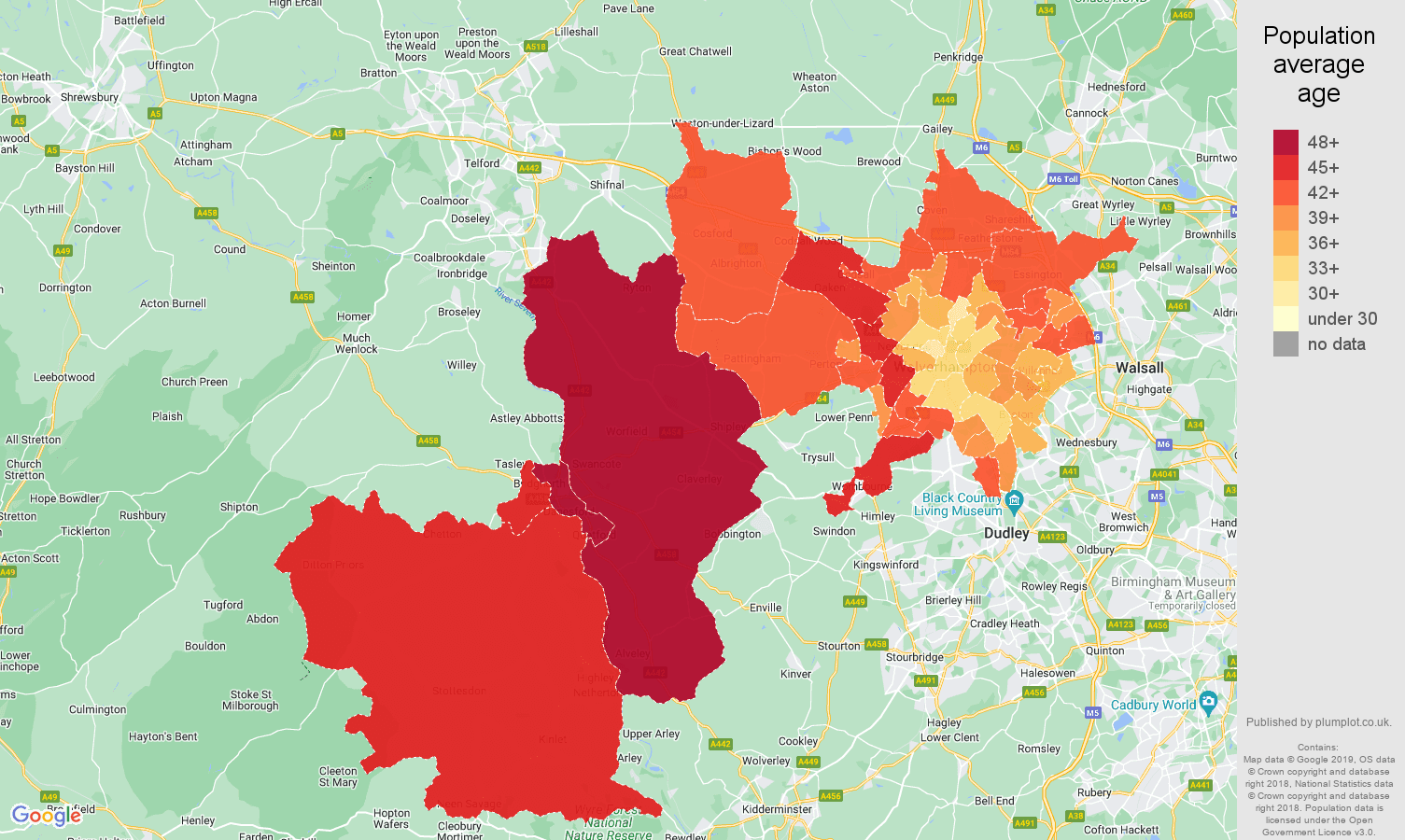 Wolverhampton population average age map