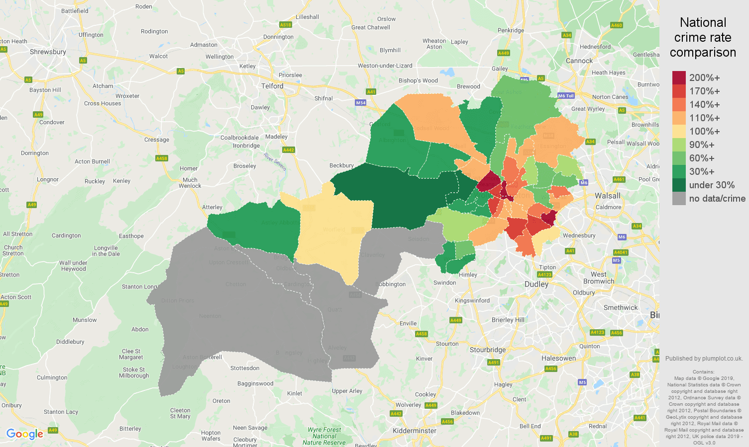 Wolverhampton possession of weapons crime rate comparison map