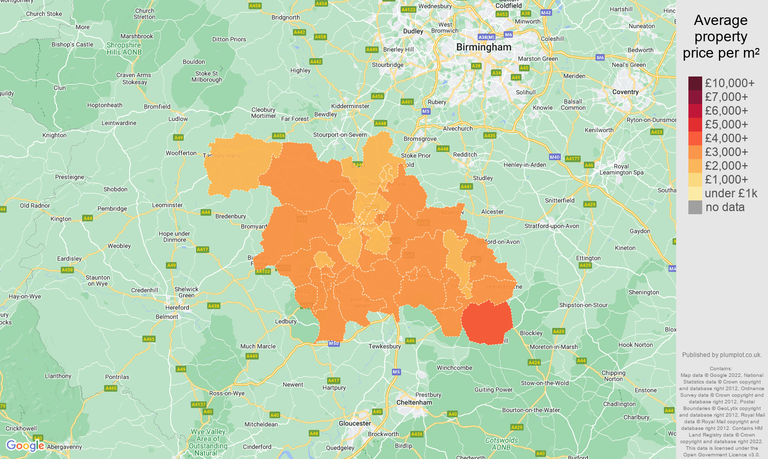 Worcester house prices per square metre map