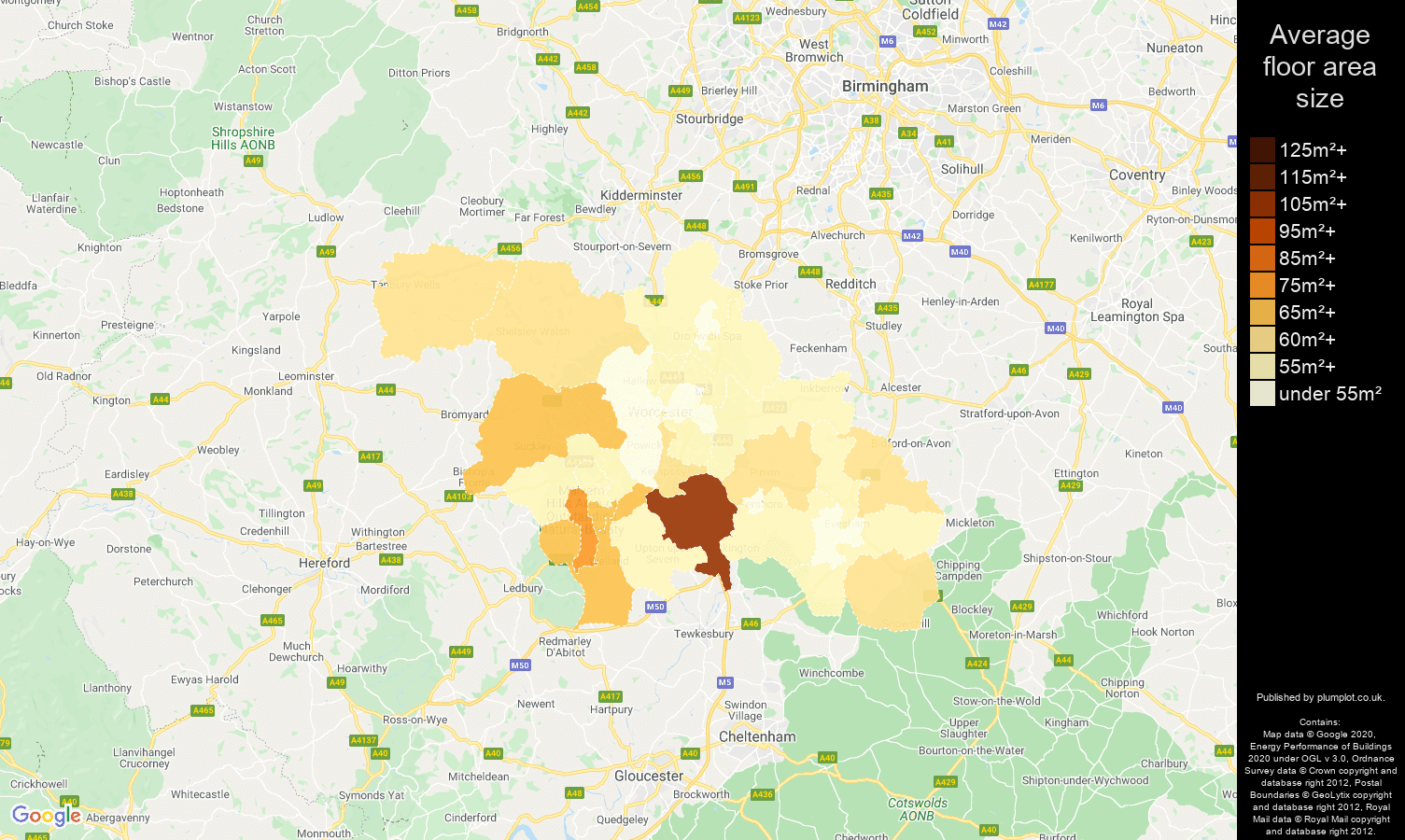 Worcester map of average floor area size of flats