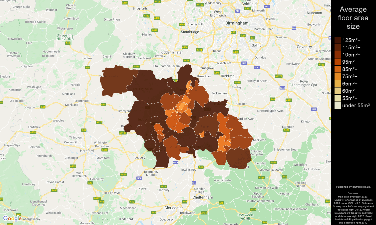 Worcester map of average floor area size of houses