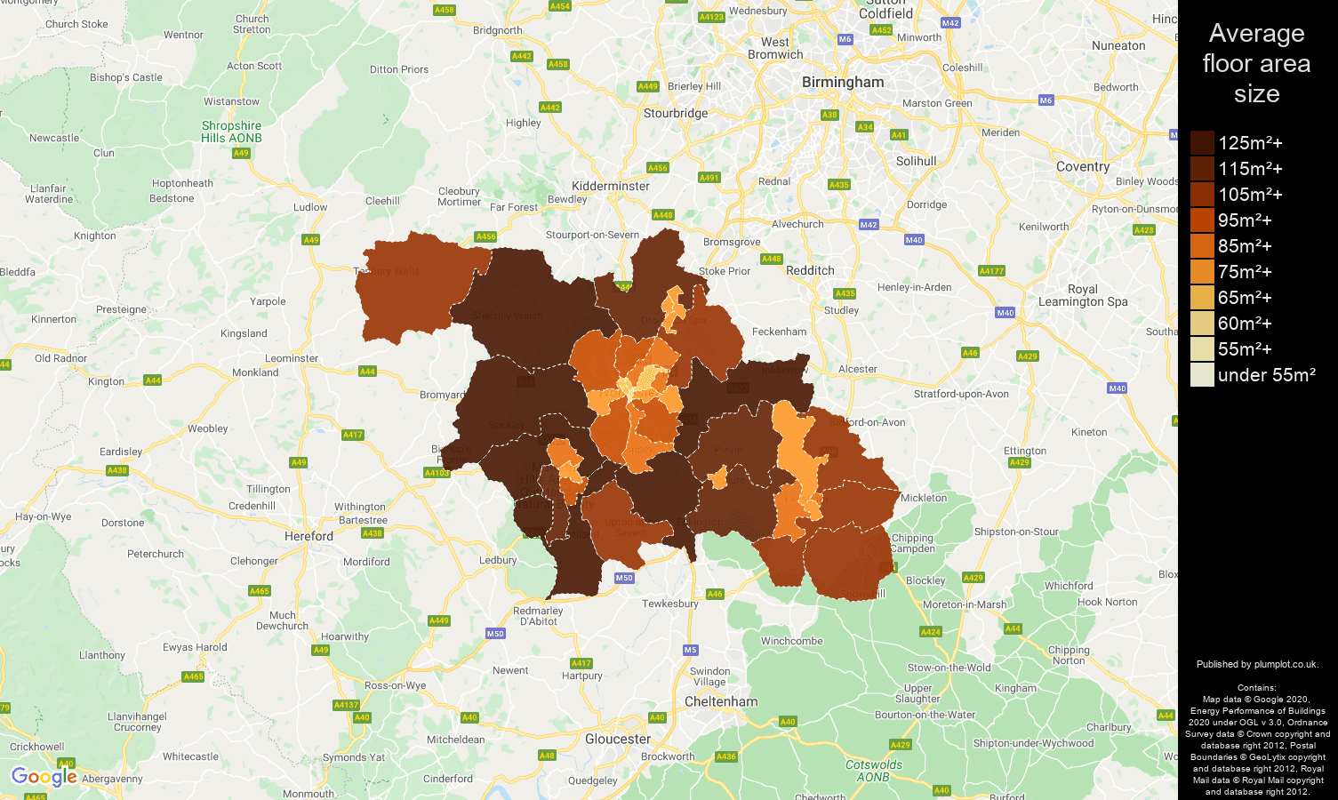 Worcester map of average floor area size of properties
