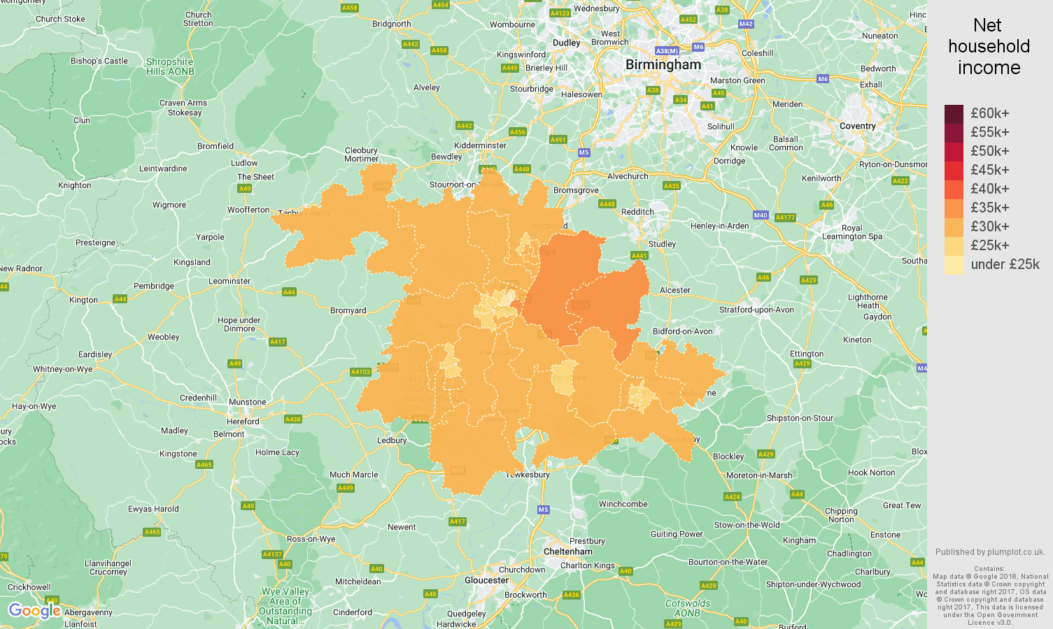 Worcester net household income map