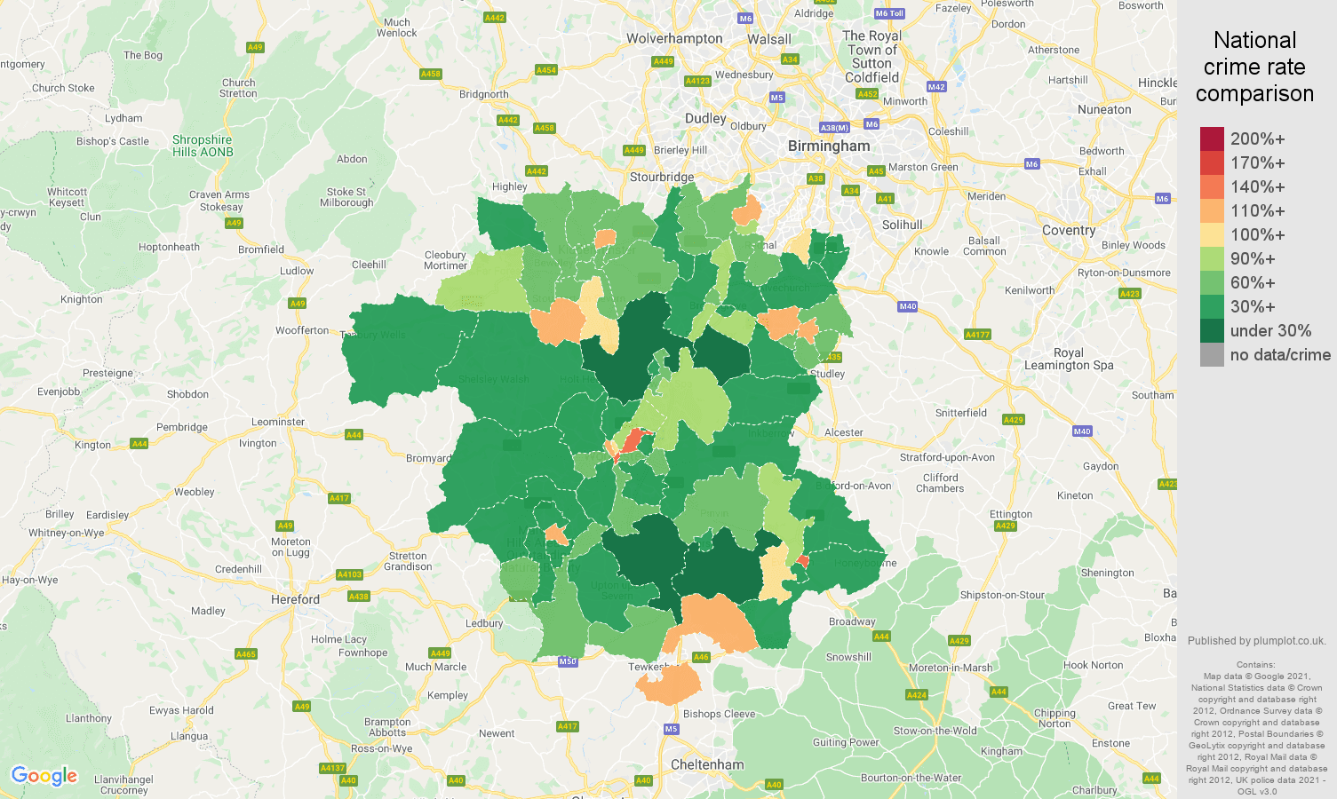 Worcestershire antisocial behaviour crime rate comparison map
