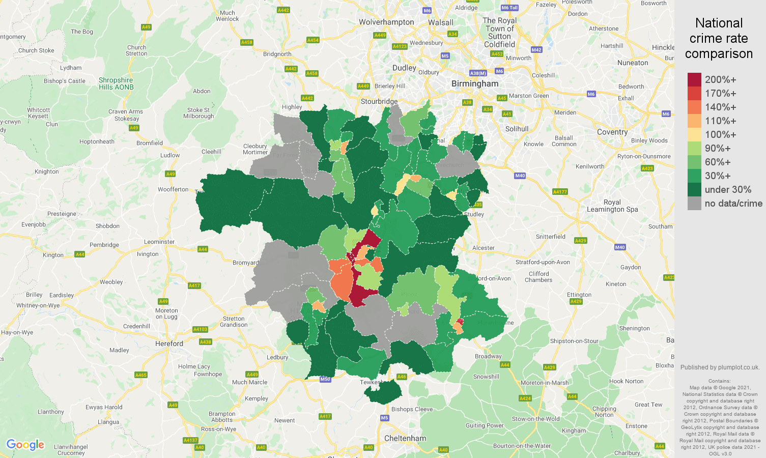 Worcestershire bicycle theft crime rate comparison map