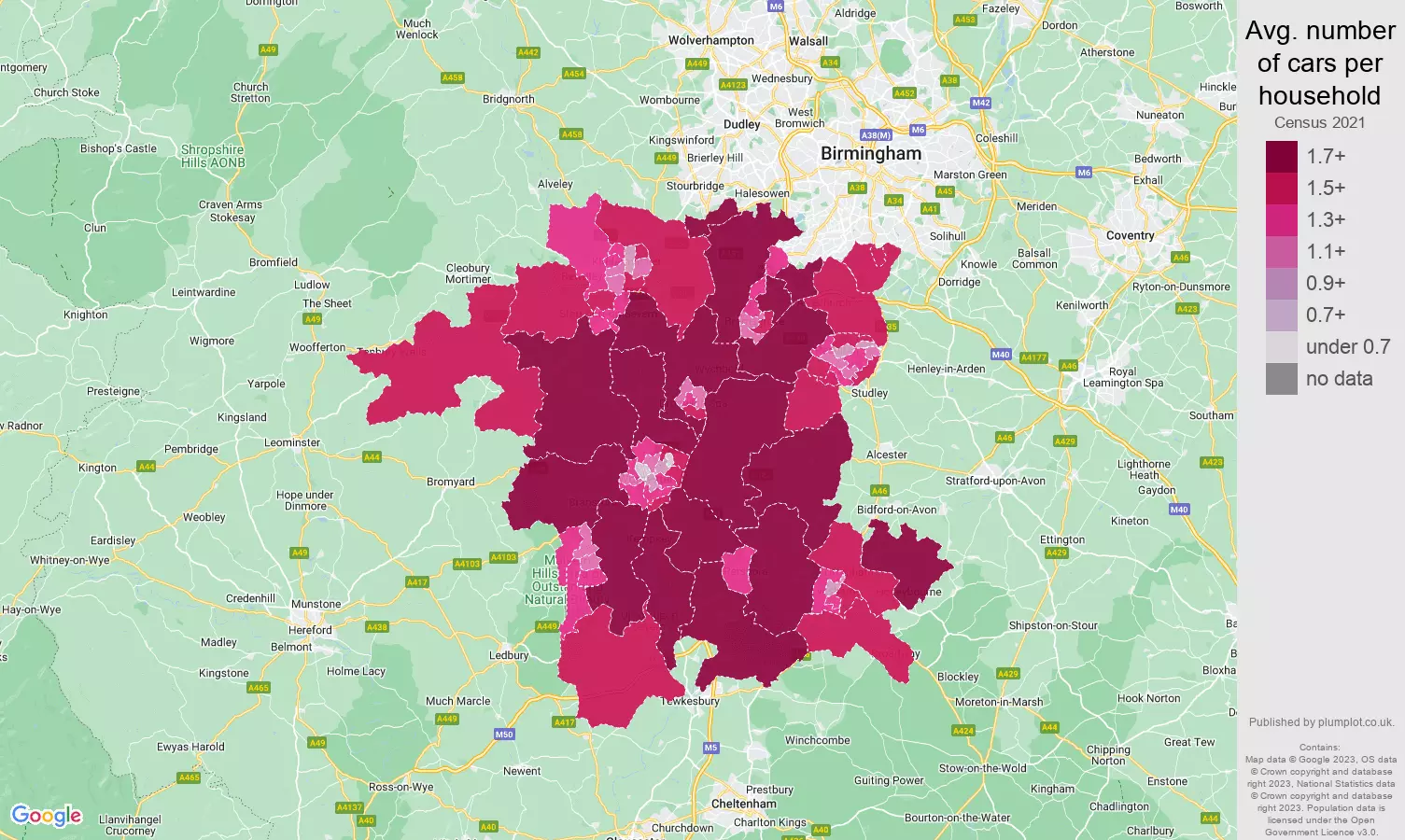 Worcestershire cars per household map