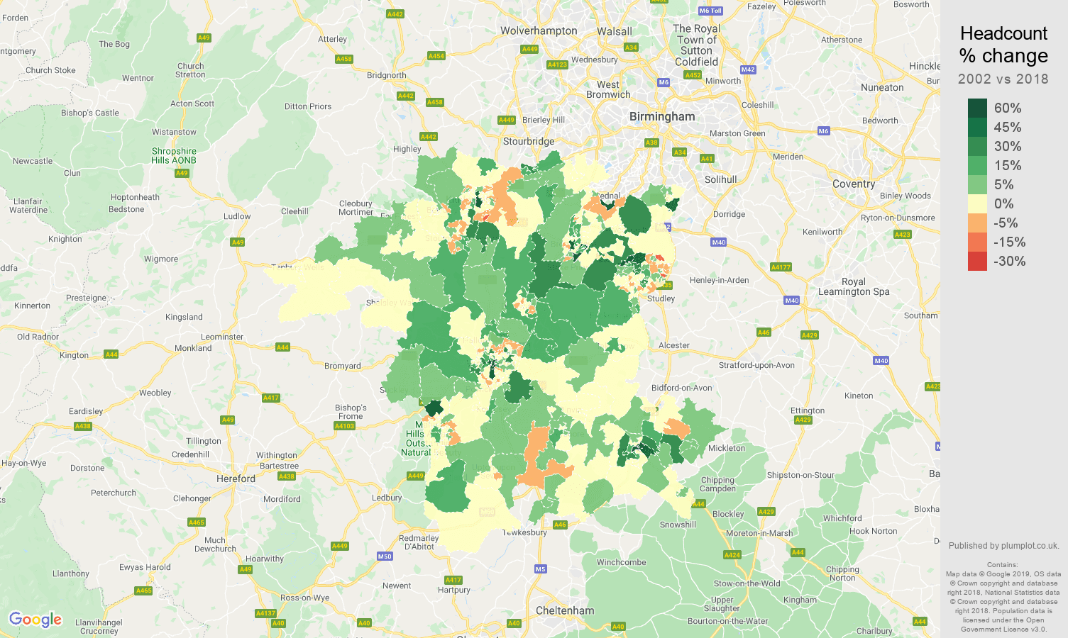 Worcestershire headcount change map