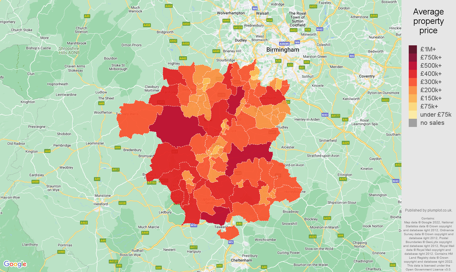Worcestershire house prices map