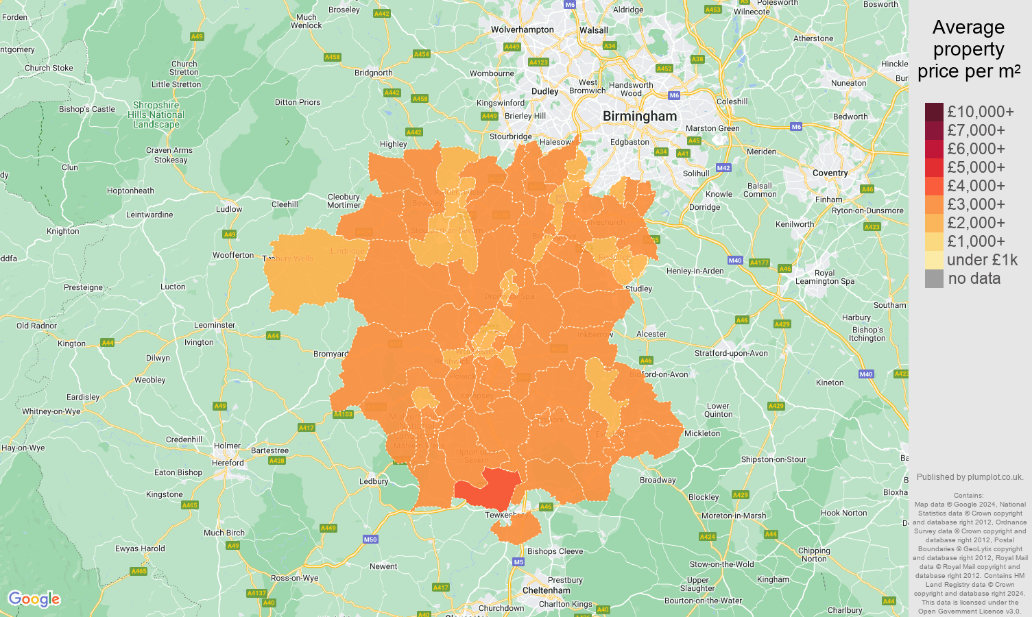 Worcestershire house prices per square metre map