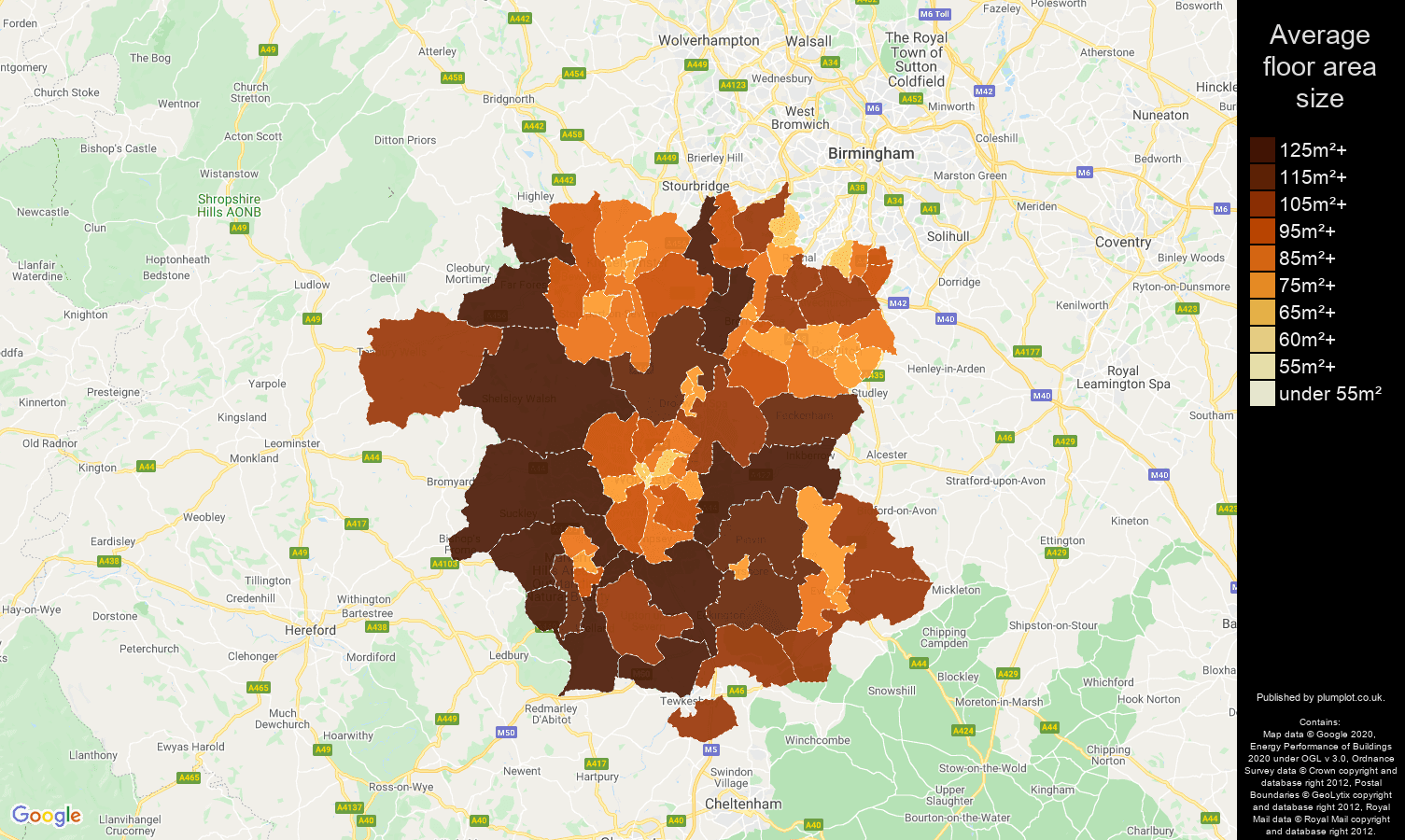 Worcestershire map of average floor area size of properties