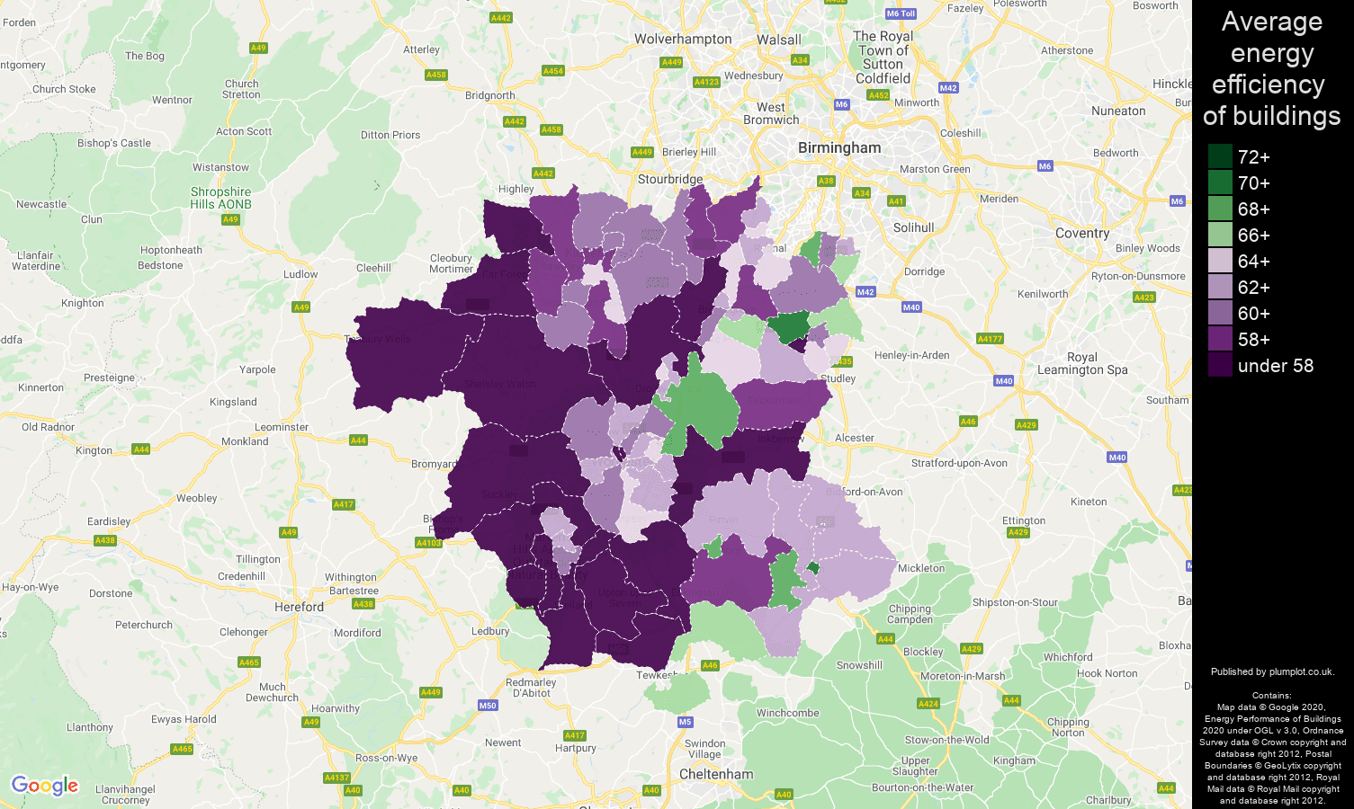 Worcestershire map of energy efficiency of houses