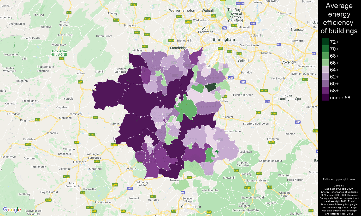 Worcestershire map of energy efficiency of properties