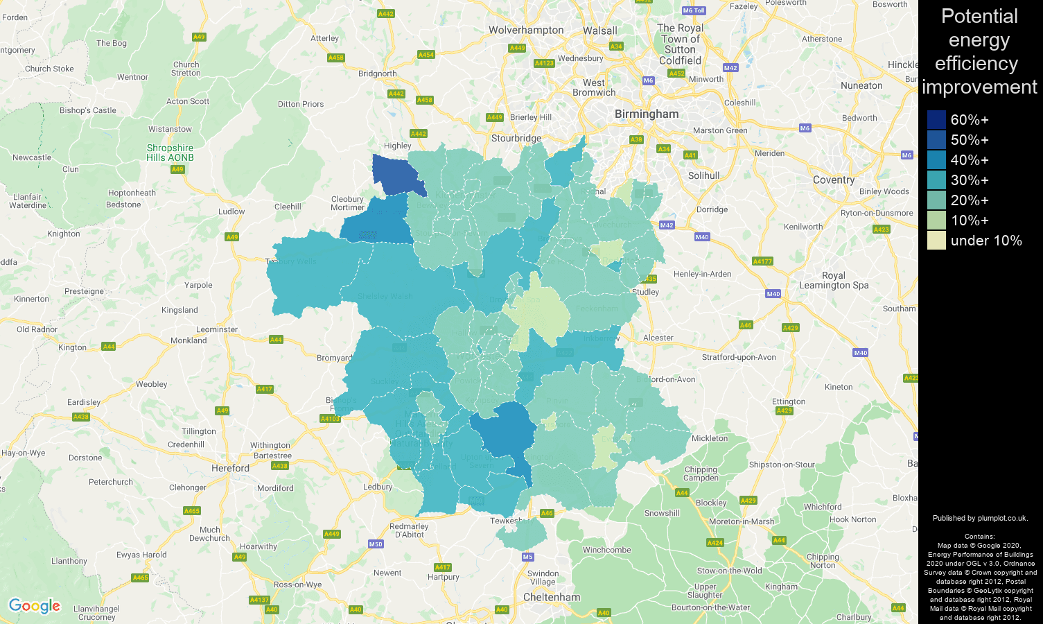 Worcestershire map of potential energy efficiency improvement of houses
