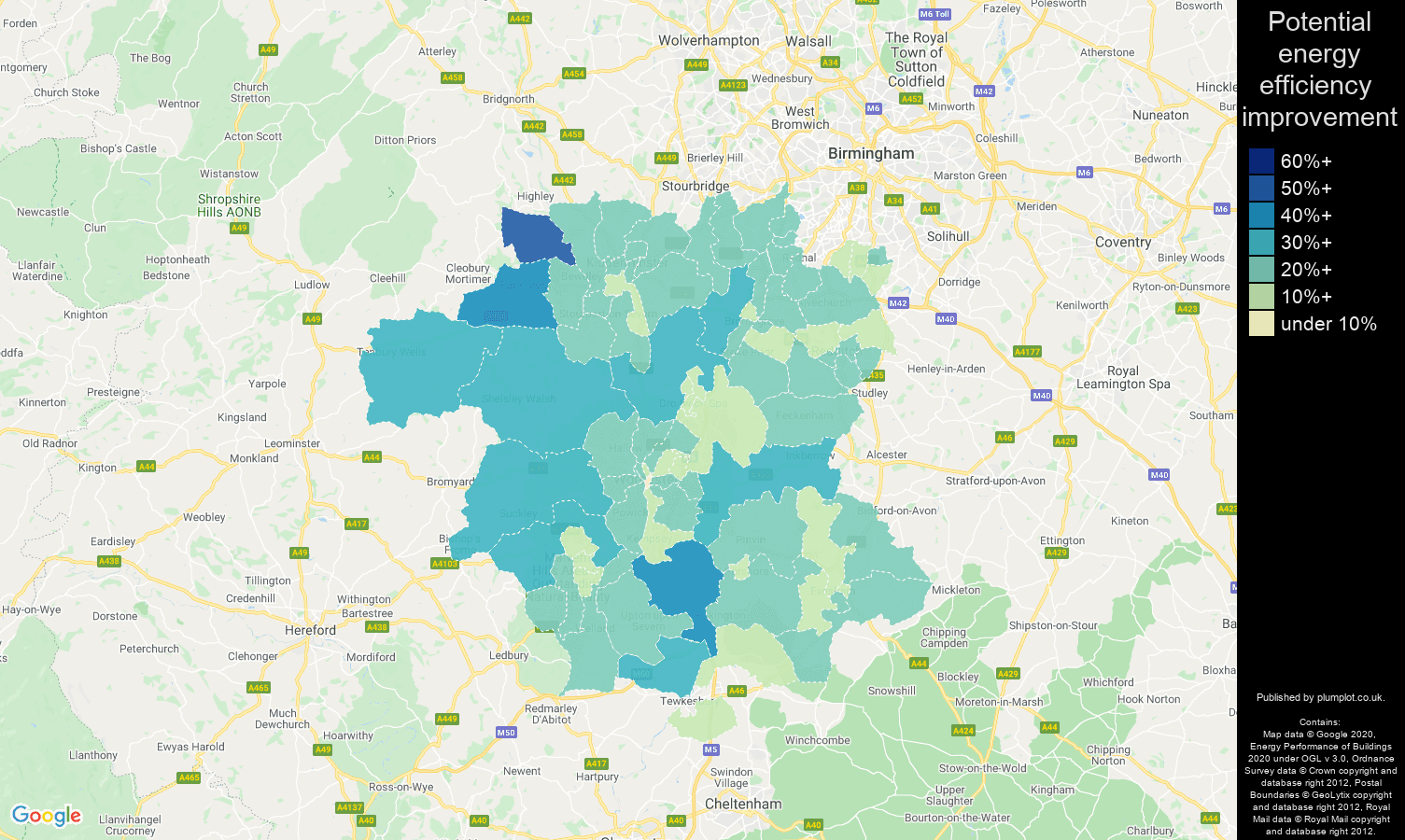 Worcestershire map of potential energy efficiency improvement of properties