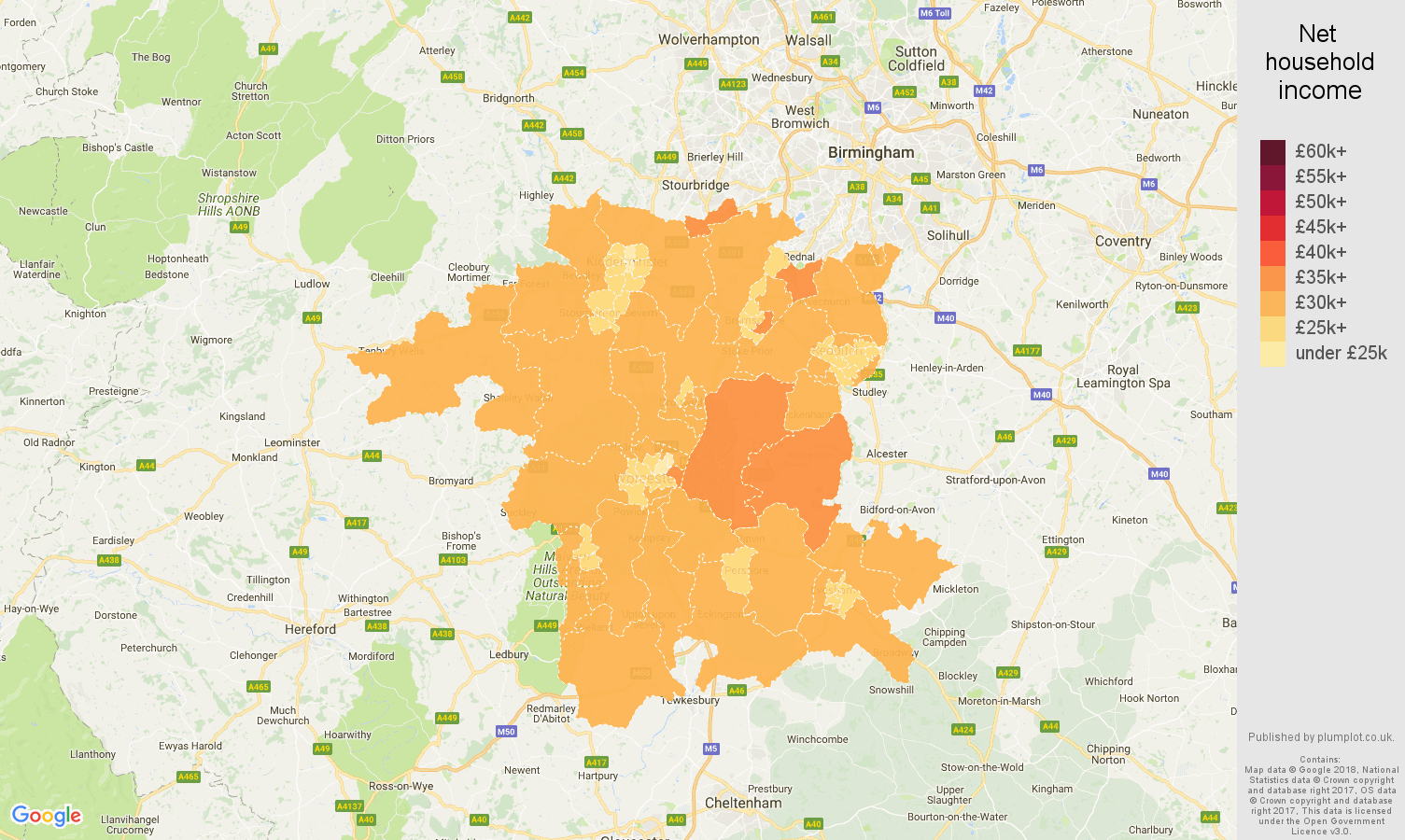 Worcestershire net household income map