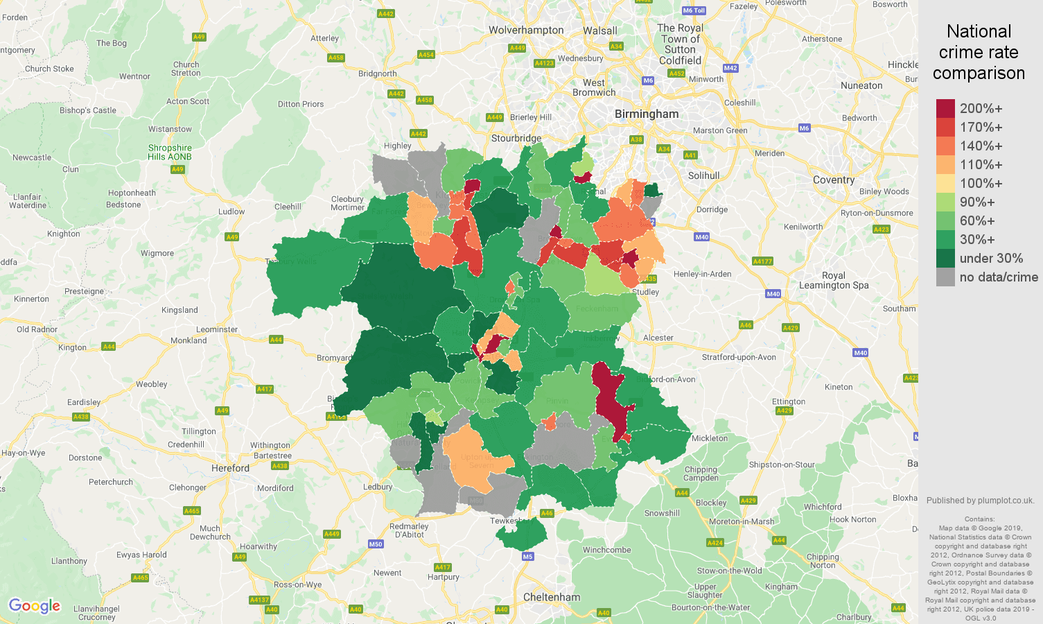 Worcestershire possession of weapons crime rate comparison map