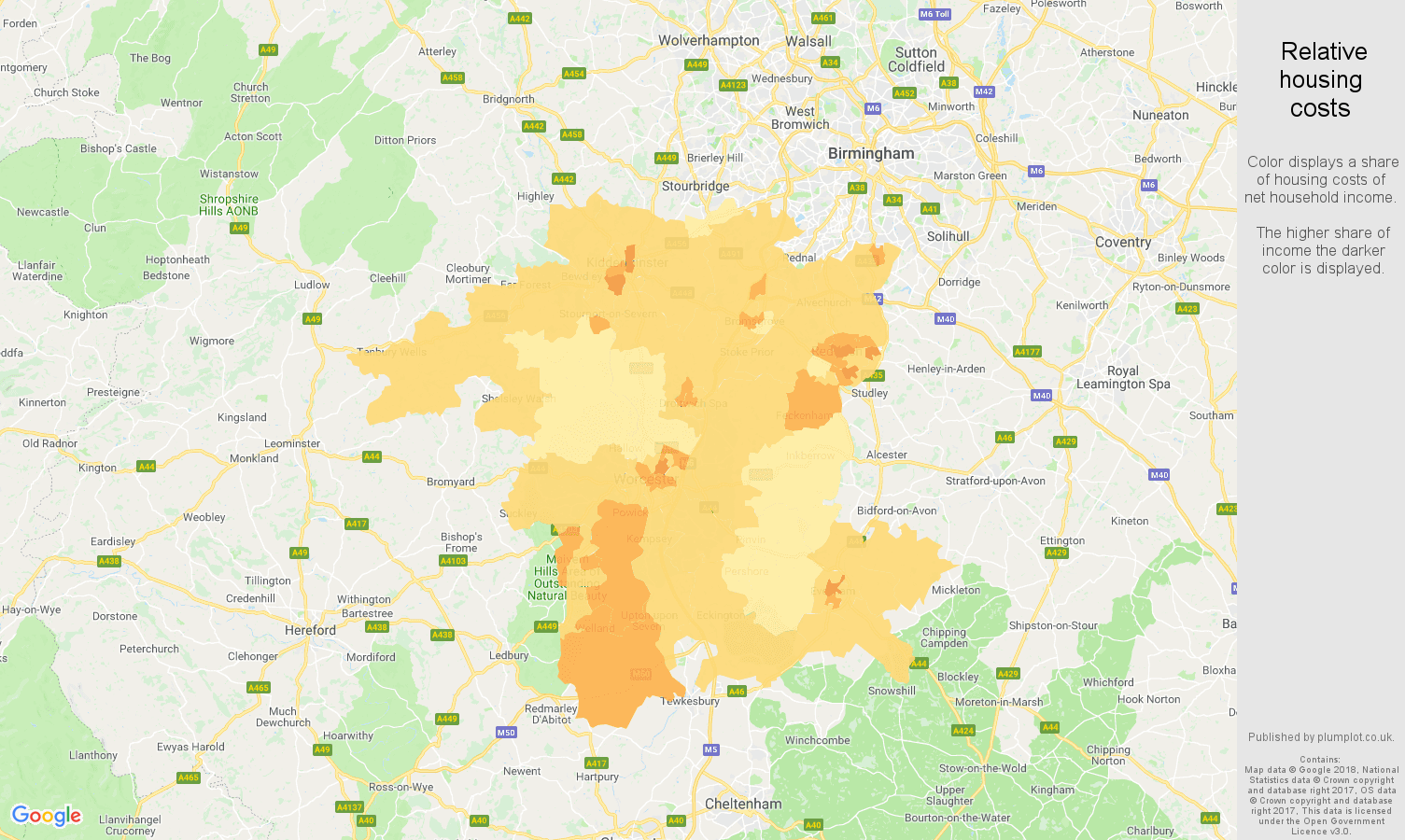 Worcestershire relative housing costs map